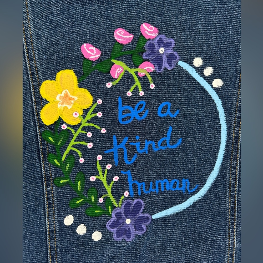 Love Tree Denim Jean Jacket Size Large Be a Kind Human Floral Painted Back‎ - Picture 7 of 13